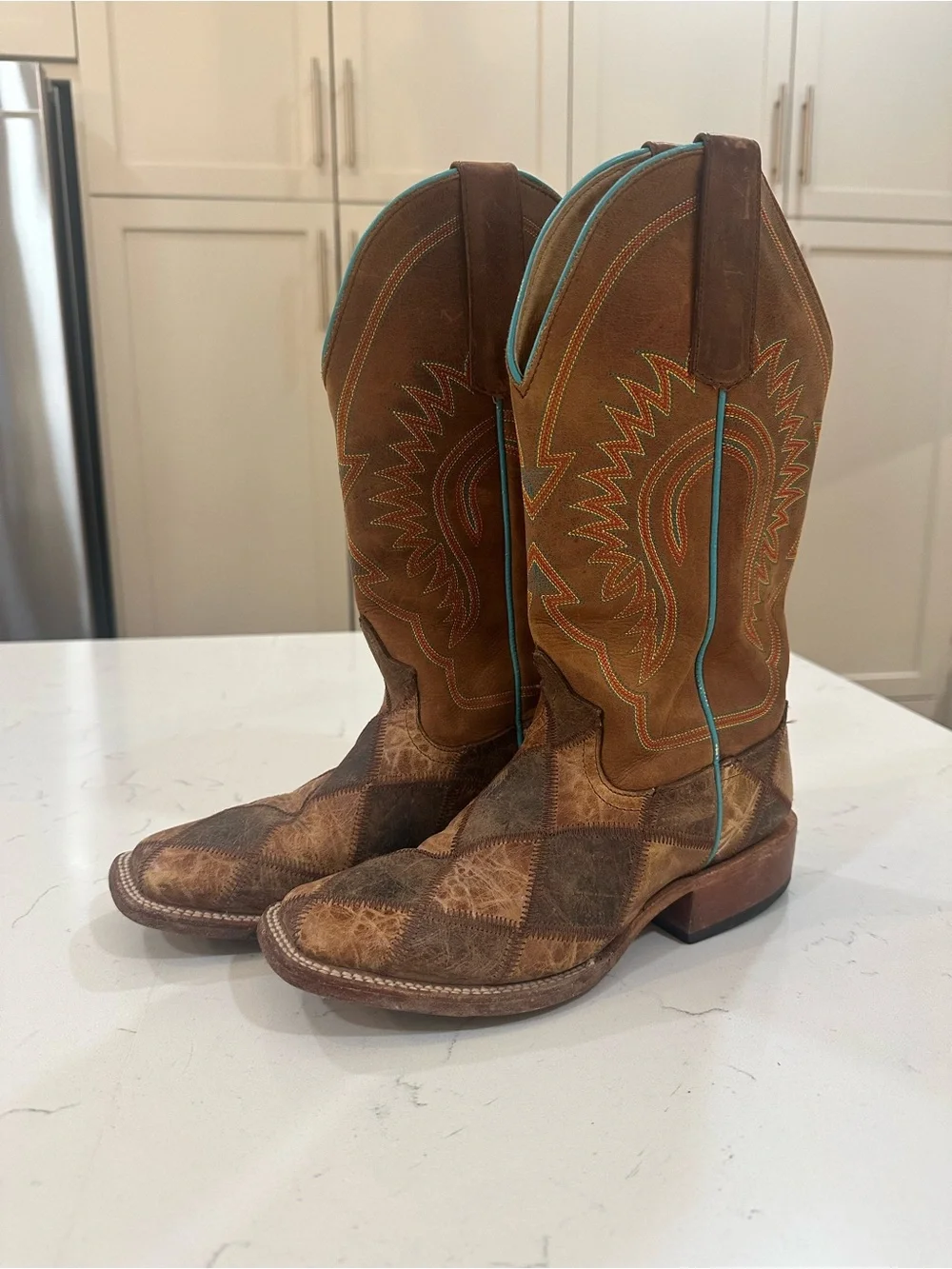 Anderson Bean Patchwork Brown Leather Cowboy Boots w Turquoise Stitching- boys 4